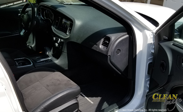 Freshly cleaned interior on white Dodge Charger.