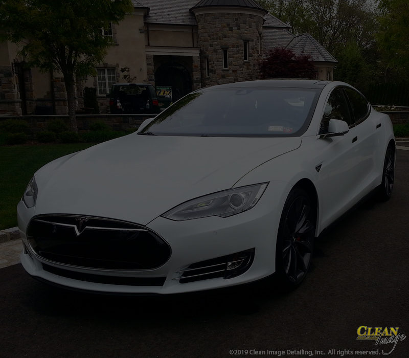 White Tesla with paint correction applied.